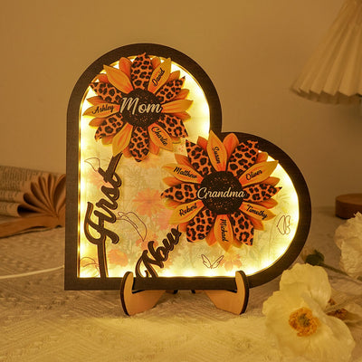 Sunflowers First Mom Now Grandma Personalized Heart 2-Layer Wooden Plaque With LED