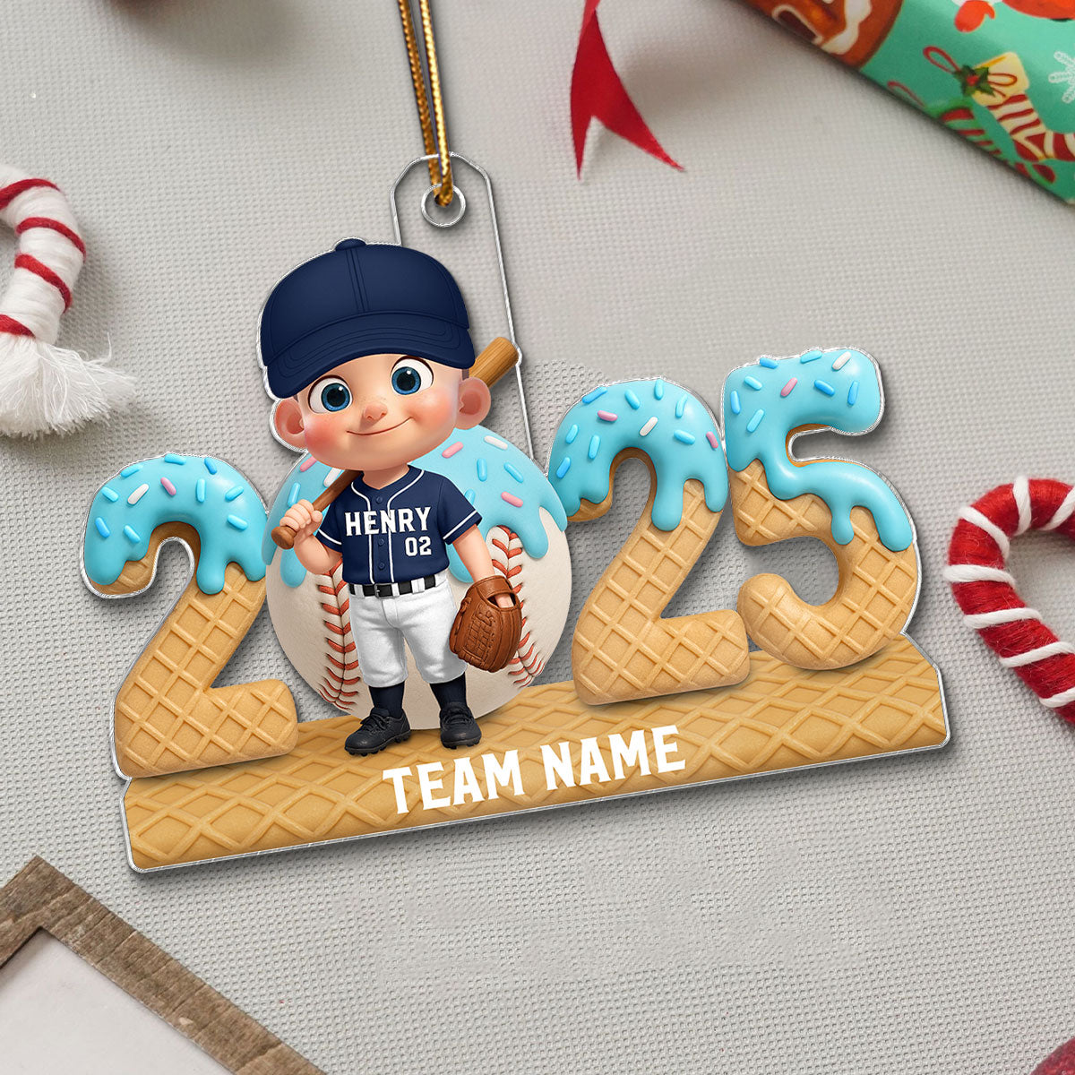 3D Effect Ice Cream Drip Sprinkles Kid Girl Boy Baseball Player - Personalized Acrylic Ornament - Christmas Gift For Kids, Granddaughter, Grandson, Daughter, Son