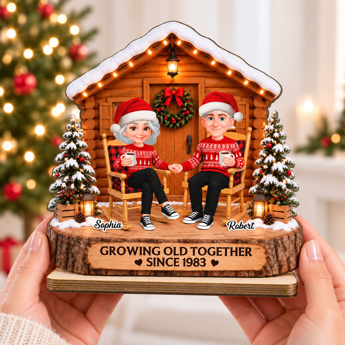 Eternal Love Couple Growing Old Together Wood Cabin House - Personalized 2-Layered Wooden Plaque - Christmas Gift, Anniversary Gift For Couple, For Him, For Her, Christmas Tabletop Decor
