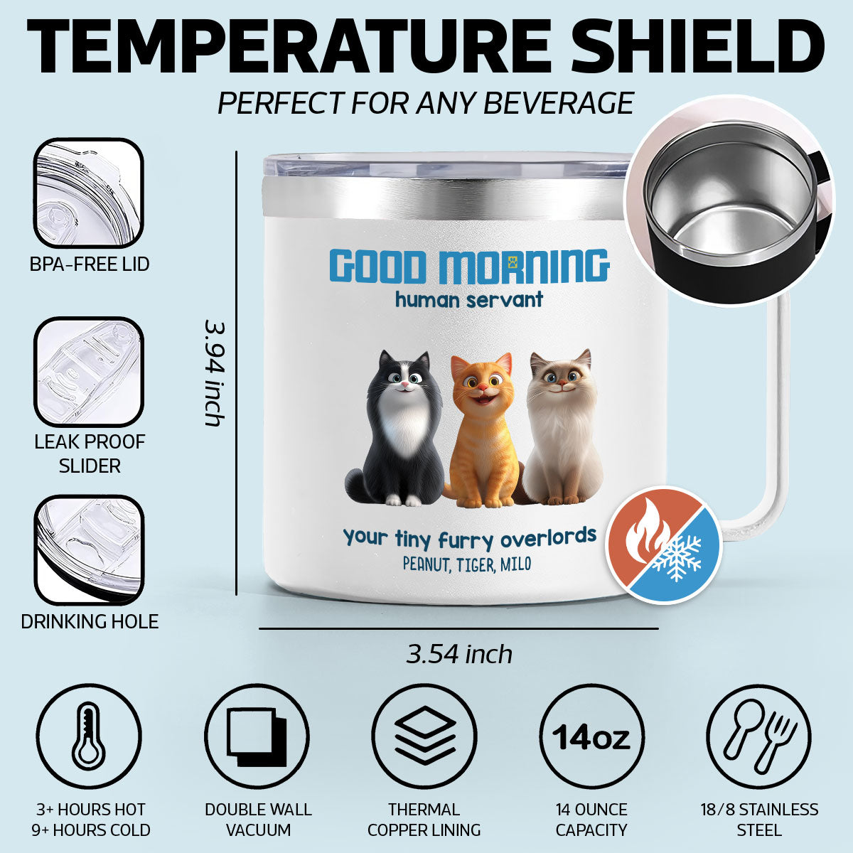 Good Morning Human Servant Personalized Stainless Steel Tumbler With Handle, Unique Gift for Cat Mom Cat Dad