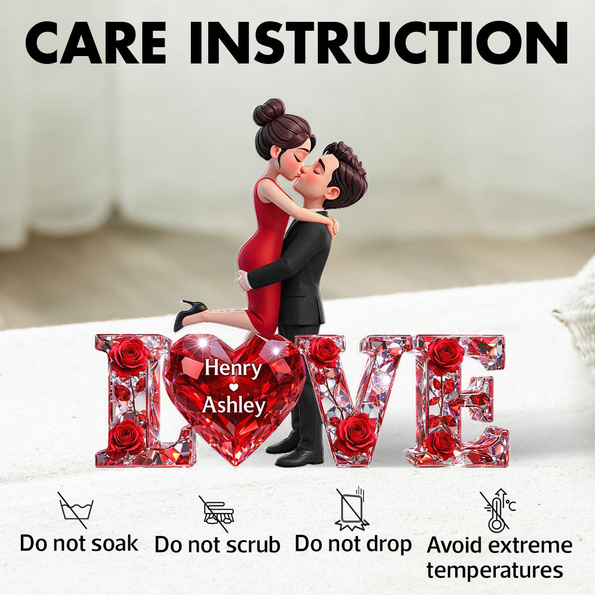 3D Shiny Rose Love Couple - Personalized Acrylic Block Plaque - Heartfelt Valentine's Day Gift For Him, Gift For Her