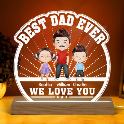 Best Dad Ever Watercolor Dad & Kids Standing Personalized Custom Shaped Acrylic Plaque With Warm LED Night Light