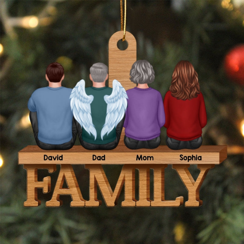 Family Sitting Back View On Word Christmas Gift Personalized Wooden Ornament
