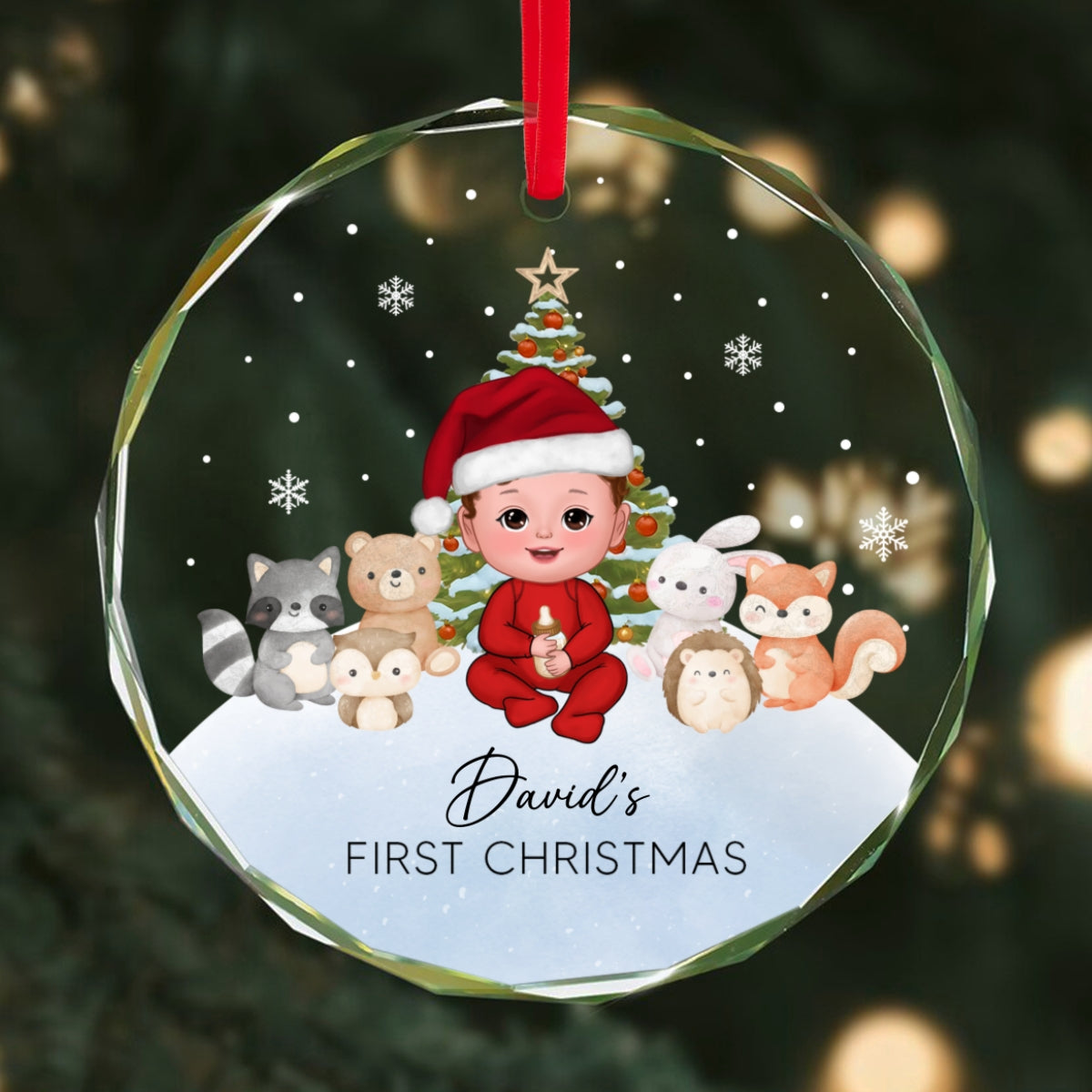 Woodland Animal Baby's First Christmas Personalized Glass Ornament