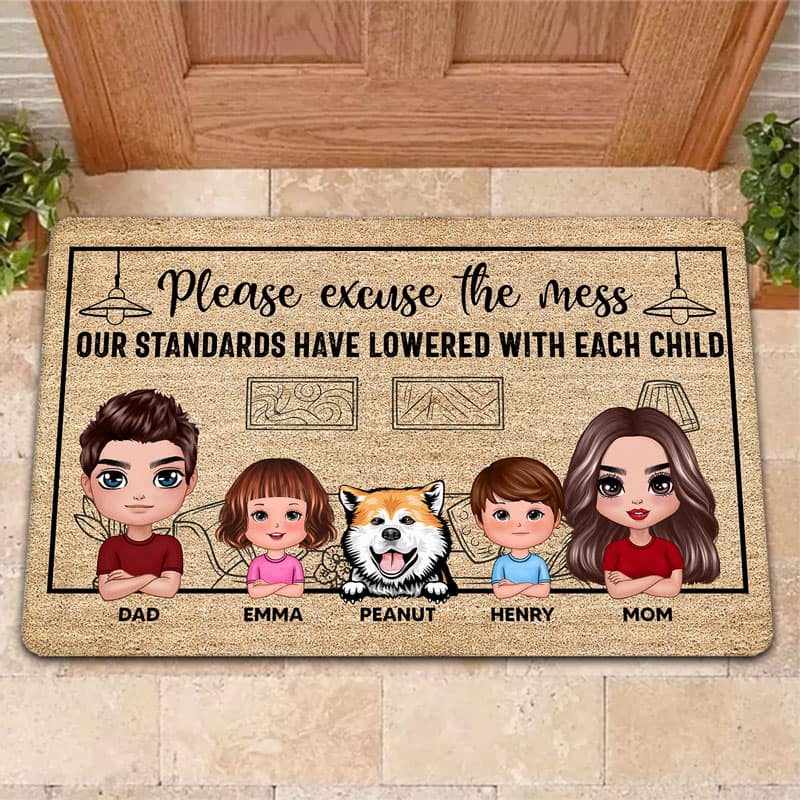 Please Excuse The Mess Funny Family Kid Dog Cat Personalized Doormat