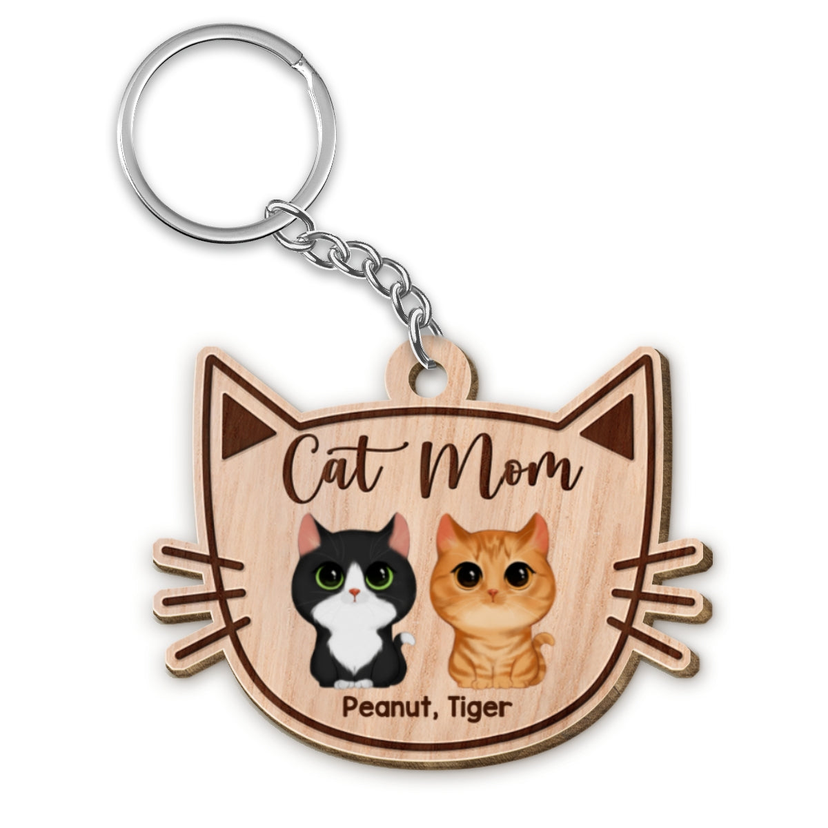 Cat Mom Watercolor Cute Cats Cat Face Shape Personalized Wooden Keychain