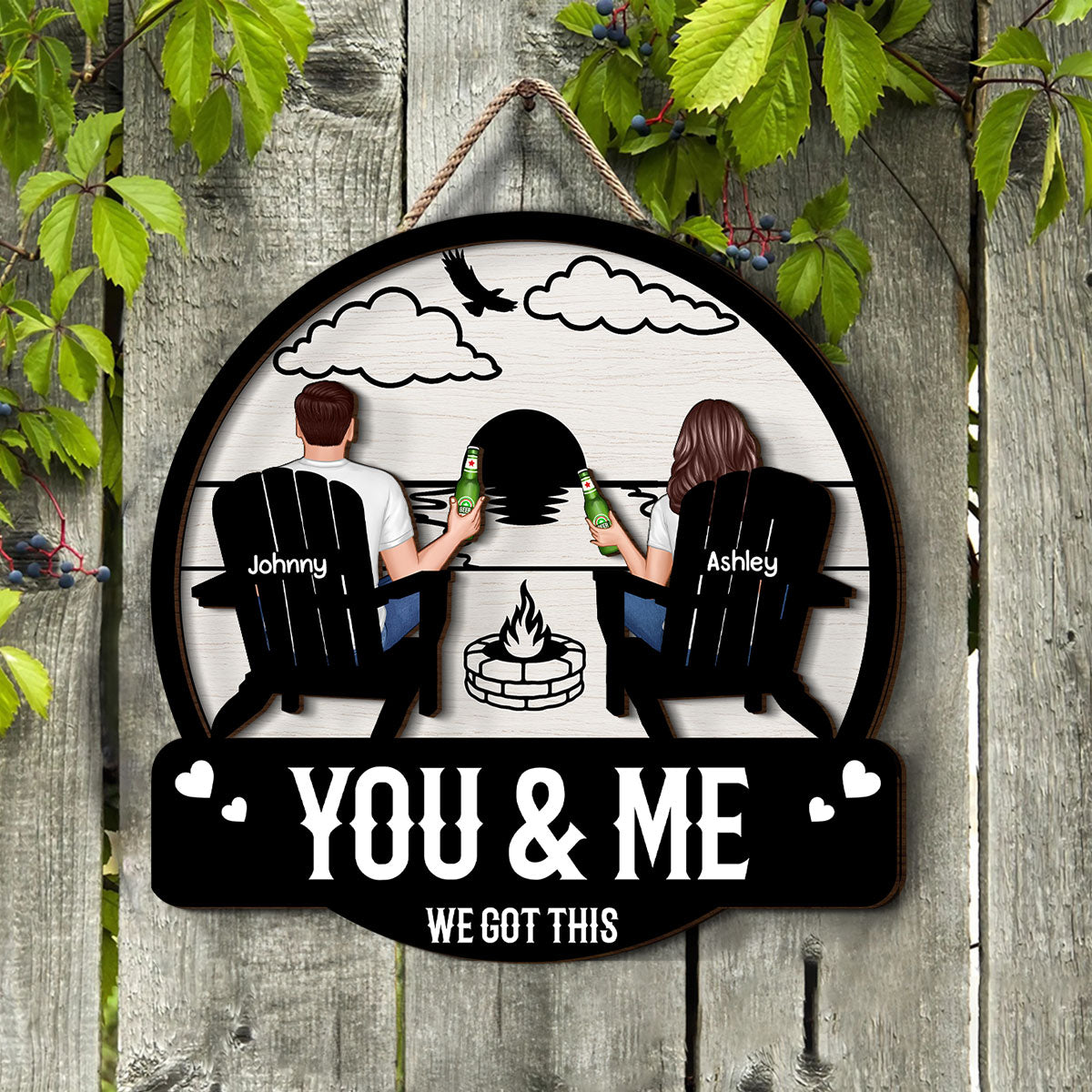 Camping Couple Sitting Back View, Campfire, Fire Pit Personalized Wood Sign