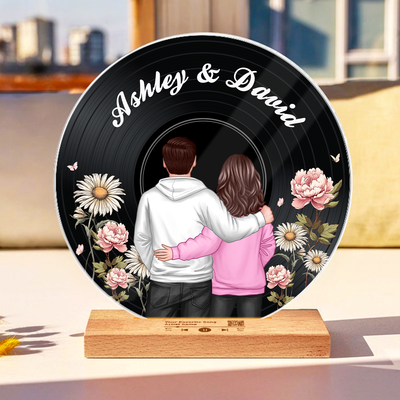 Back View Couple Birth Month Flower Custom Vinyl Record Acrylic Song Plaque, Scannable QR Code, Personalized Birthday, Anniversary Gift for her and for him