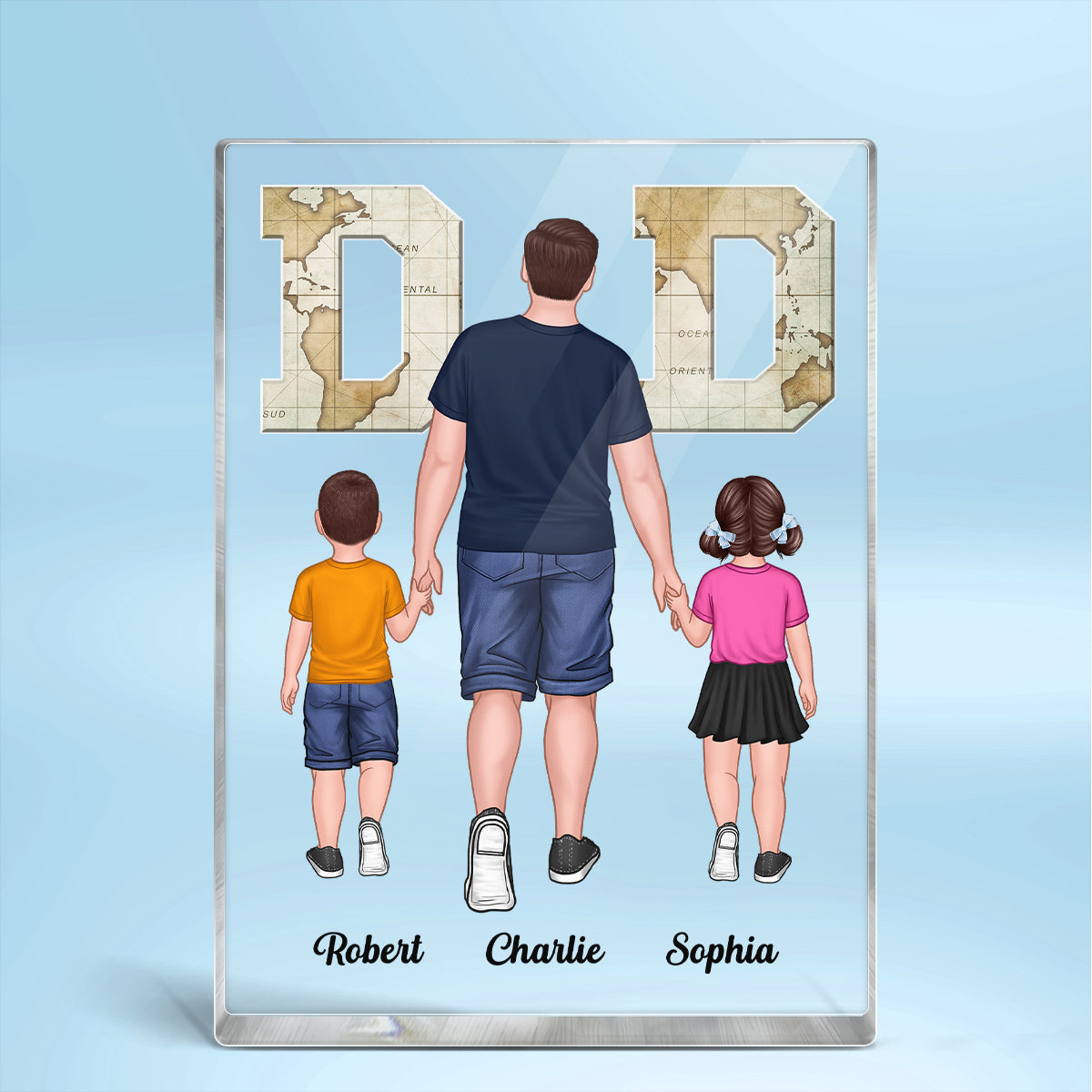 Walking Dad And Kids World Map Text Personalized Acrylic Block Plaque