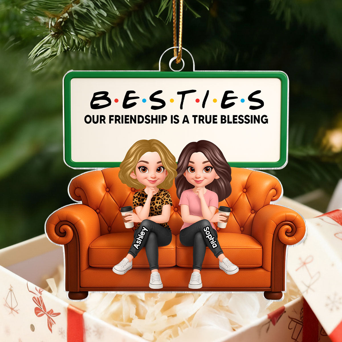 Besties Sisters Sitting On Sofa 3D Effect - Personalized Acrylic Ornament