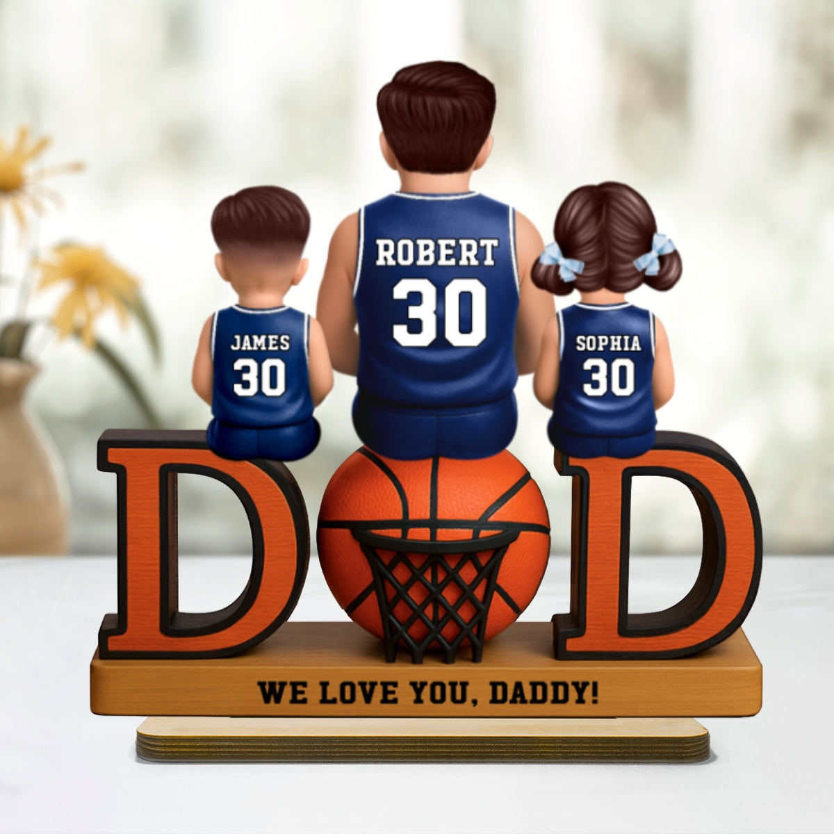 Basketball Dad And Kids Sitting Personalized 2-Layer Standing Wooden Plaque, Father's Day Gift for Dads