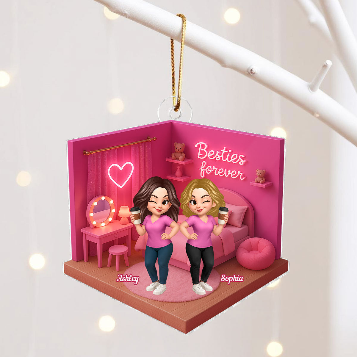 3D Effect Besties Pink Tone Dream Dollhouse Personalized Flat Acrylic Ornament
