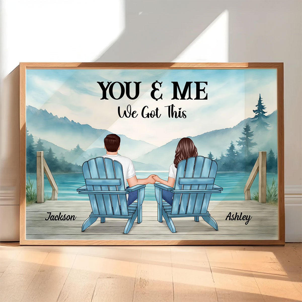 Lakeside Mountain Landscape Couple Back View Personalized Poster, Anniversary Gift for Him for Her