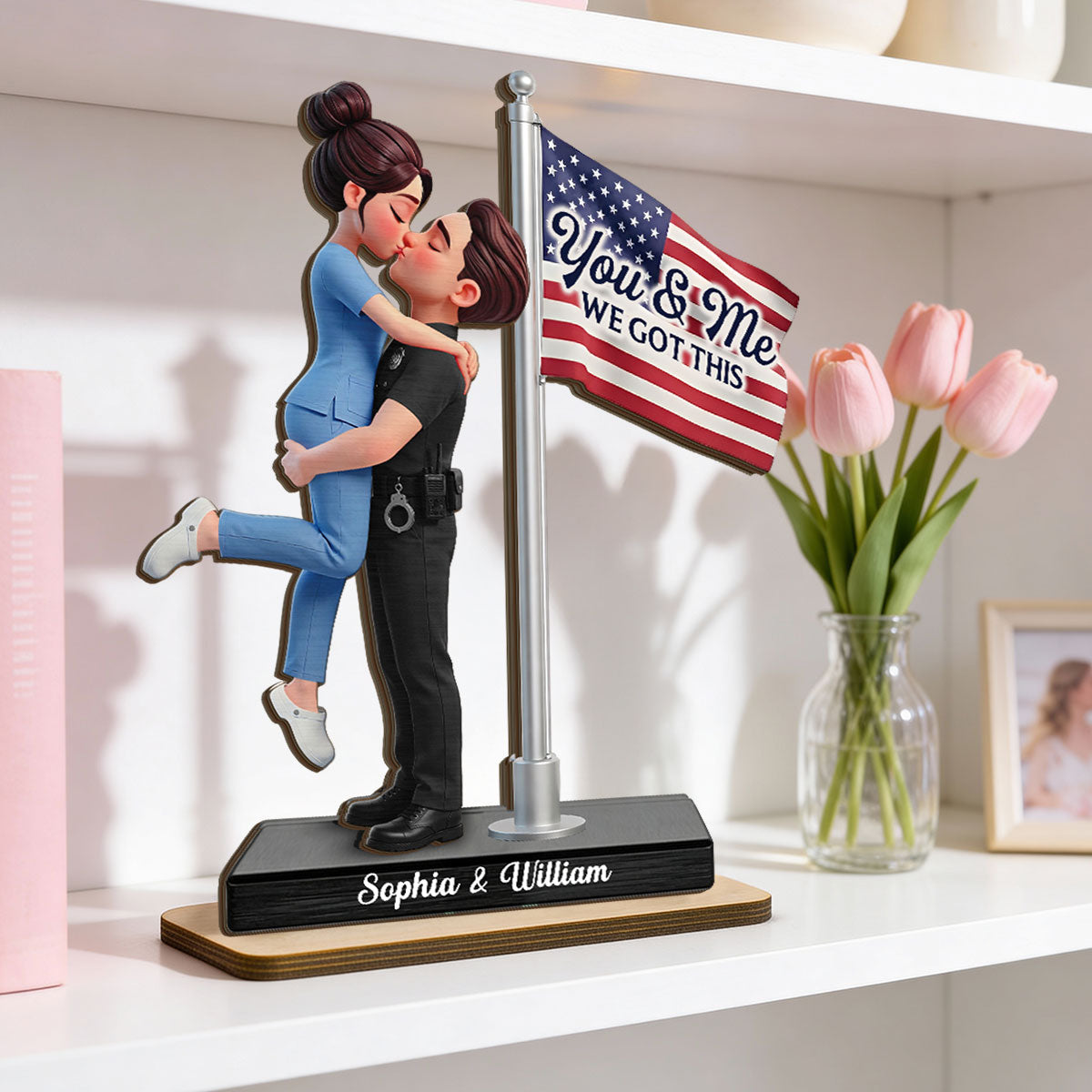Proud Hero Couple Nation Flag - Personalized 2-Layered Wooden Plaque - Heartfelt Gift For Couple, For Him, For Her, Nurse, Police, Firefighter, Army