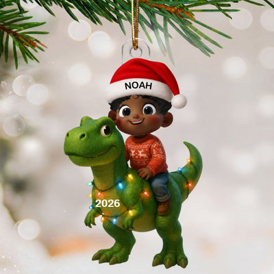3D Effect Cute Cartoon Kid Boy And Girl With Dinosaur Christmas Personalized Flat Acrylic Ornament, Unique Gift For Kids, Grandkids