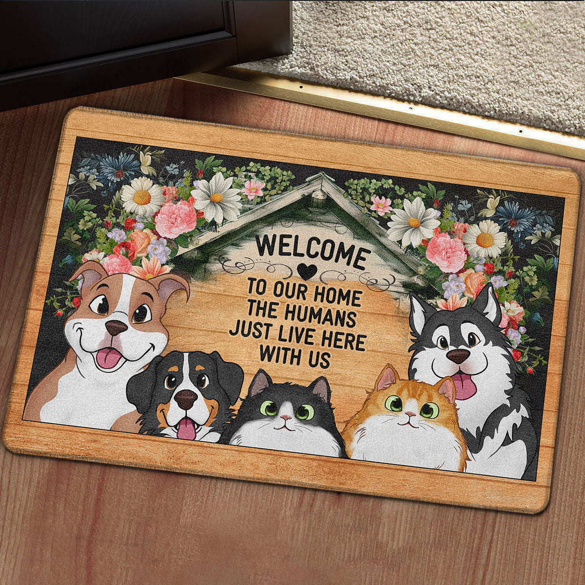 Welcome To Our Home Peeking Dogs Cats Personalized Door Mat