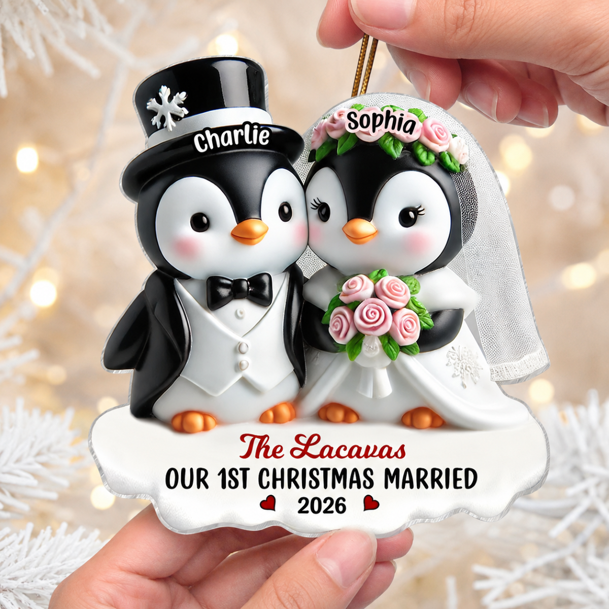 3D Effect Penguins Just Married Couple Groom & Bride Wedding First Christmas Together Personalized Acrylic Ornament