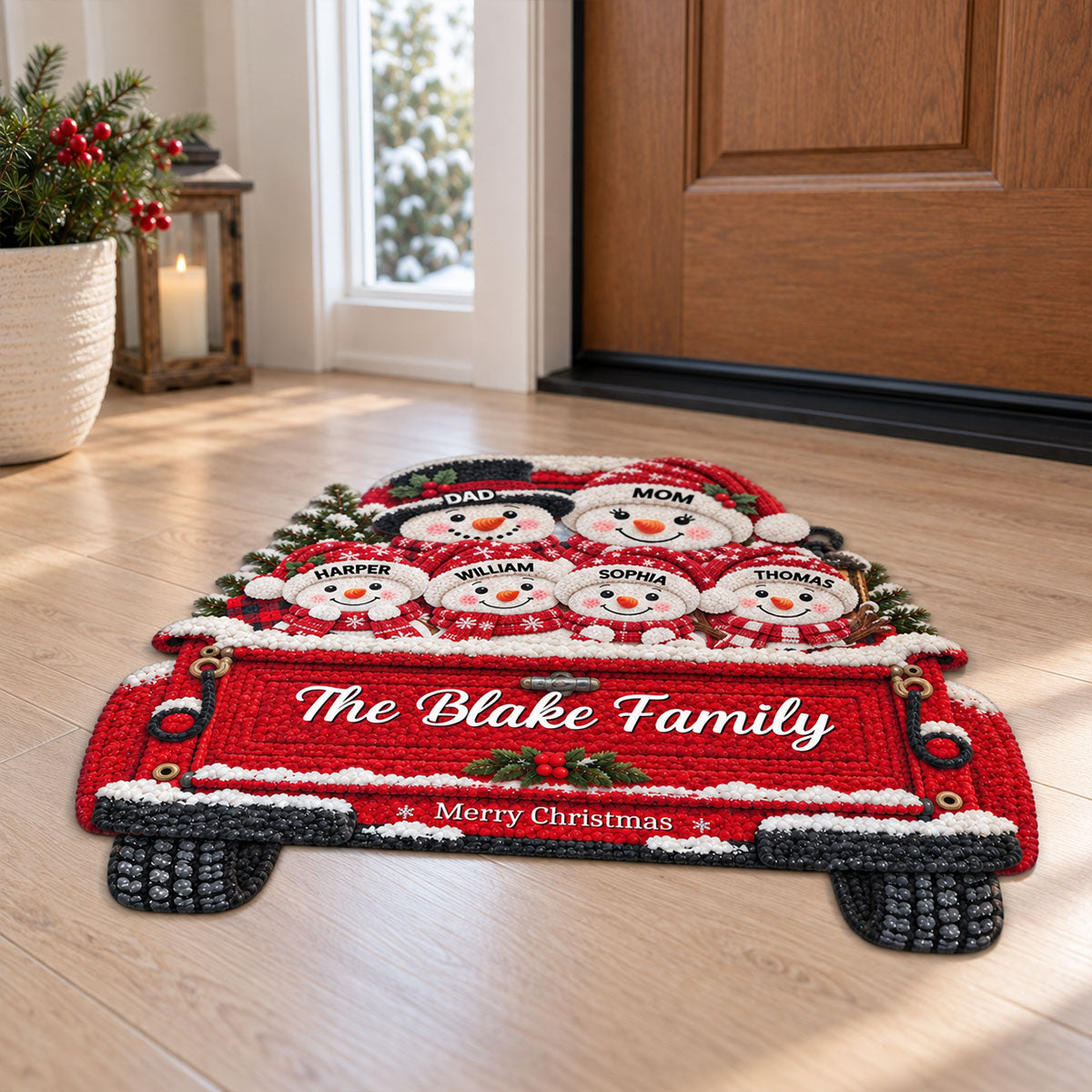 Christmas Cute Snowman Family On Truck 2D Flat Printed - Personalized Doormat - Christmas Decor For Family, Grandparents