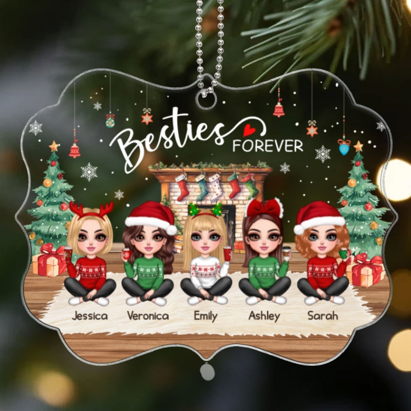 Pretty Friends Sisters Besties At Fireplace Personalized Acrylic Ornament, Christmas Gift