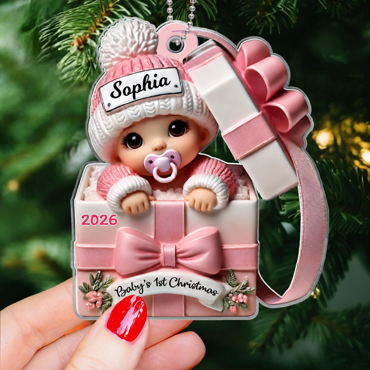 Baby Inside Gift Box 3D Effect - Personalized Acrylic Ornament - Lovely Keepsake to Celebrate Little Miracle, Christmas in July