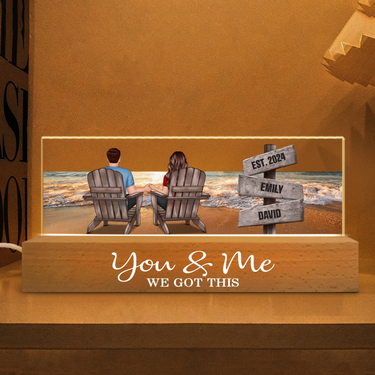 Romantic Beach Landscape Couple Sitting Holding Hands Sign Posts Personalized Acrylic Block LED Night Light, Heartfelt Gift For Couple, For Him, For Her, Boyfriend, Girlfriend, Husband, Wife