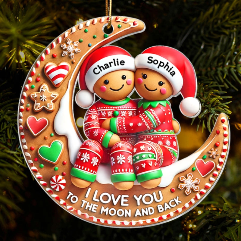 3D Effect Gingerbread Couple I Love You To The Moon And Back Personalized Acrylic Ornament, Christmas Gift For Him, For Her