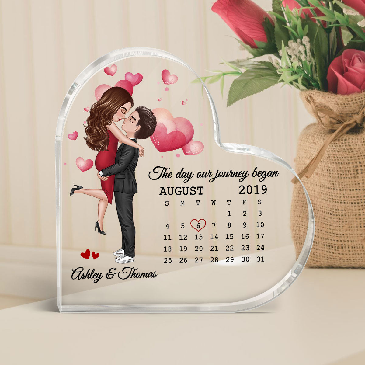 Calendar Couple Kissing Hugging Personalized Acrylic Heart Plaque - Anniversary Gift For Couple - Gift For Him Gift For Her