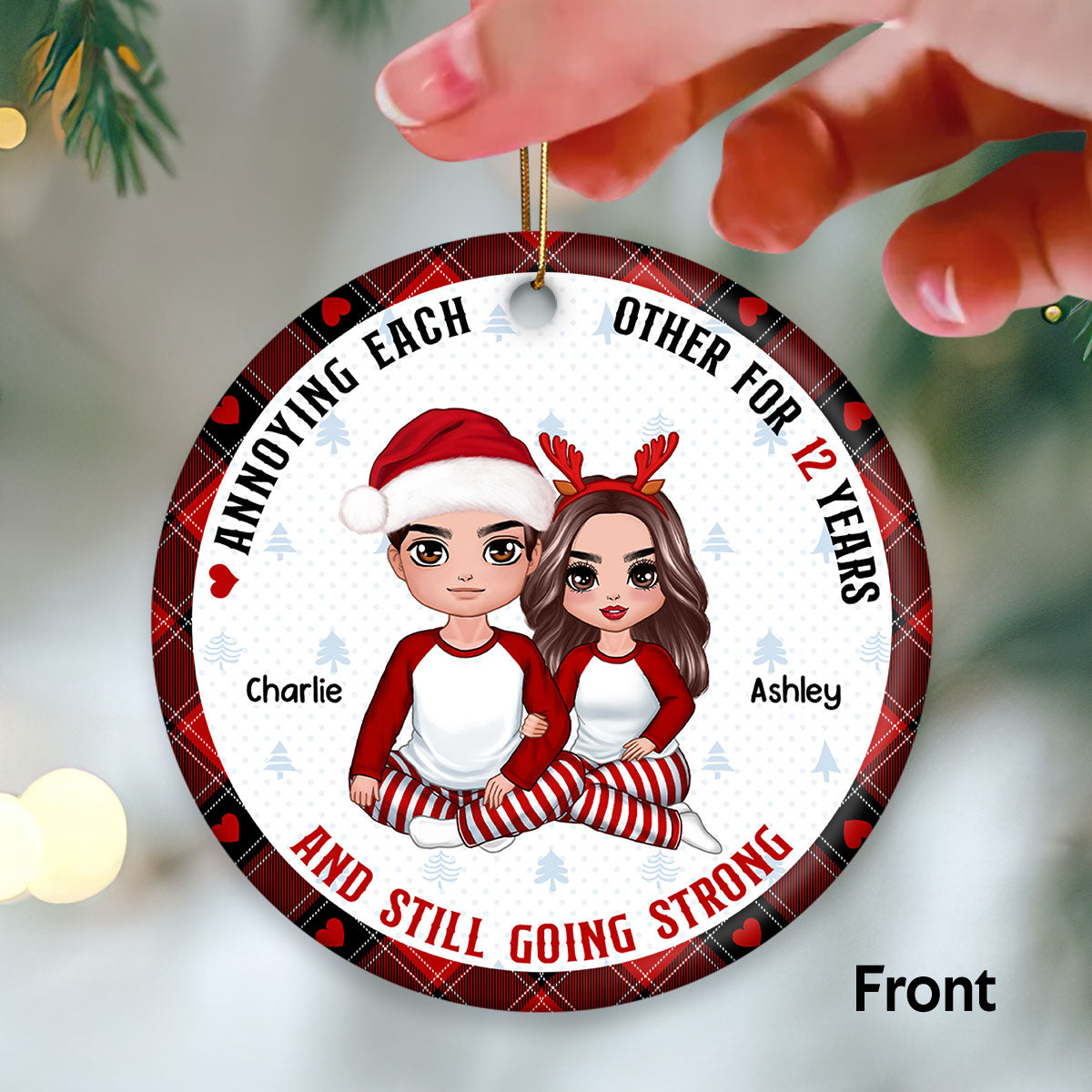 Doll Couple Sitting Annoying Each Other Favorite Song QR Code Personalized Double Sided Circle Ornament