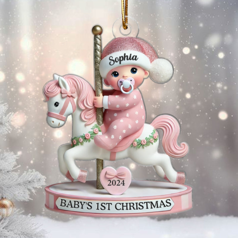 Baby On Merry-go-round Horse 1st Christmas Keepsake 3D Effect Personalized Acrylic Flat Ornament