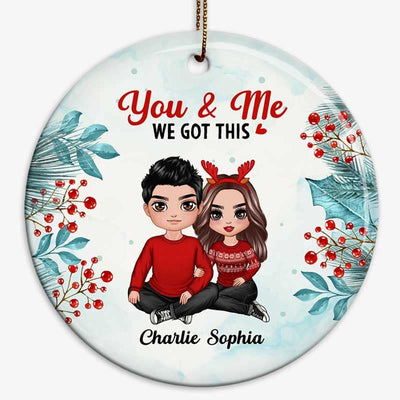Watercolor Holly Branch Embracing Couple Personalized Circle Ornament