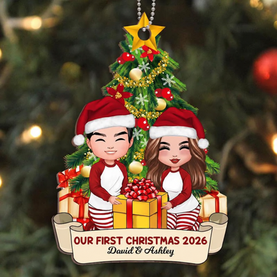 Doll Couple Opening Christmas Gifts Personalized Wooden Ornament