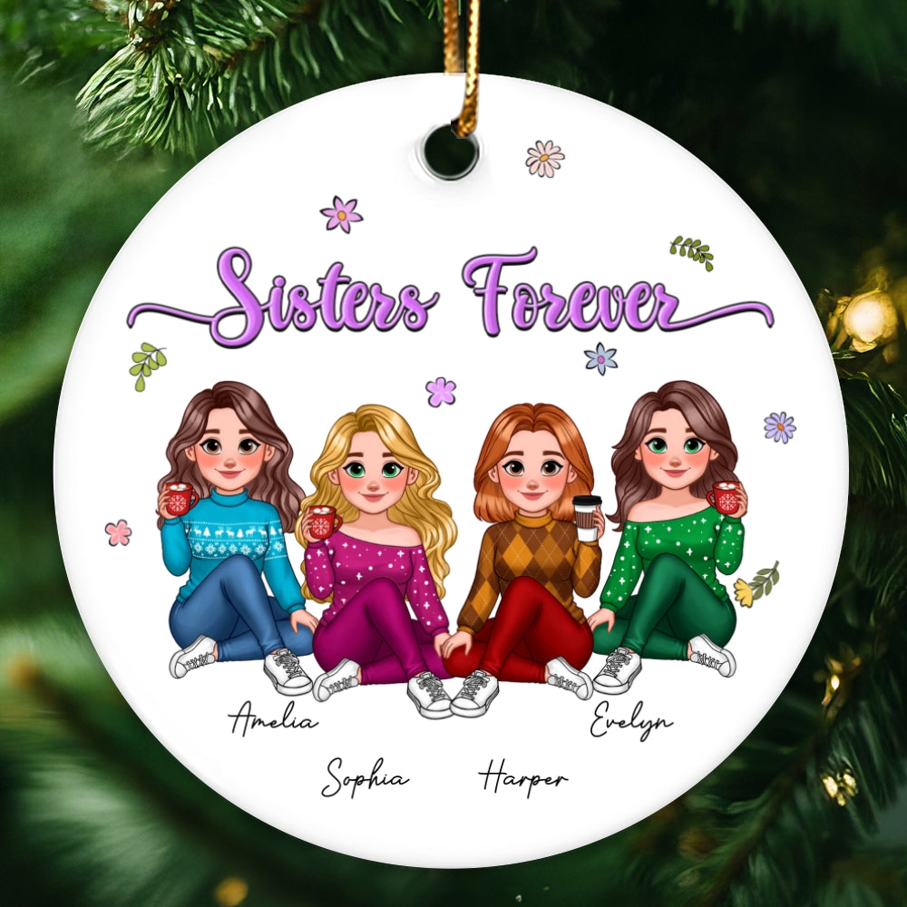 Animated Sisters Forever Floral Personalized Ceramic Ornament, Christmas Gift For Sisters, Best Friends