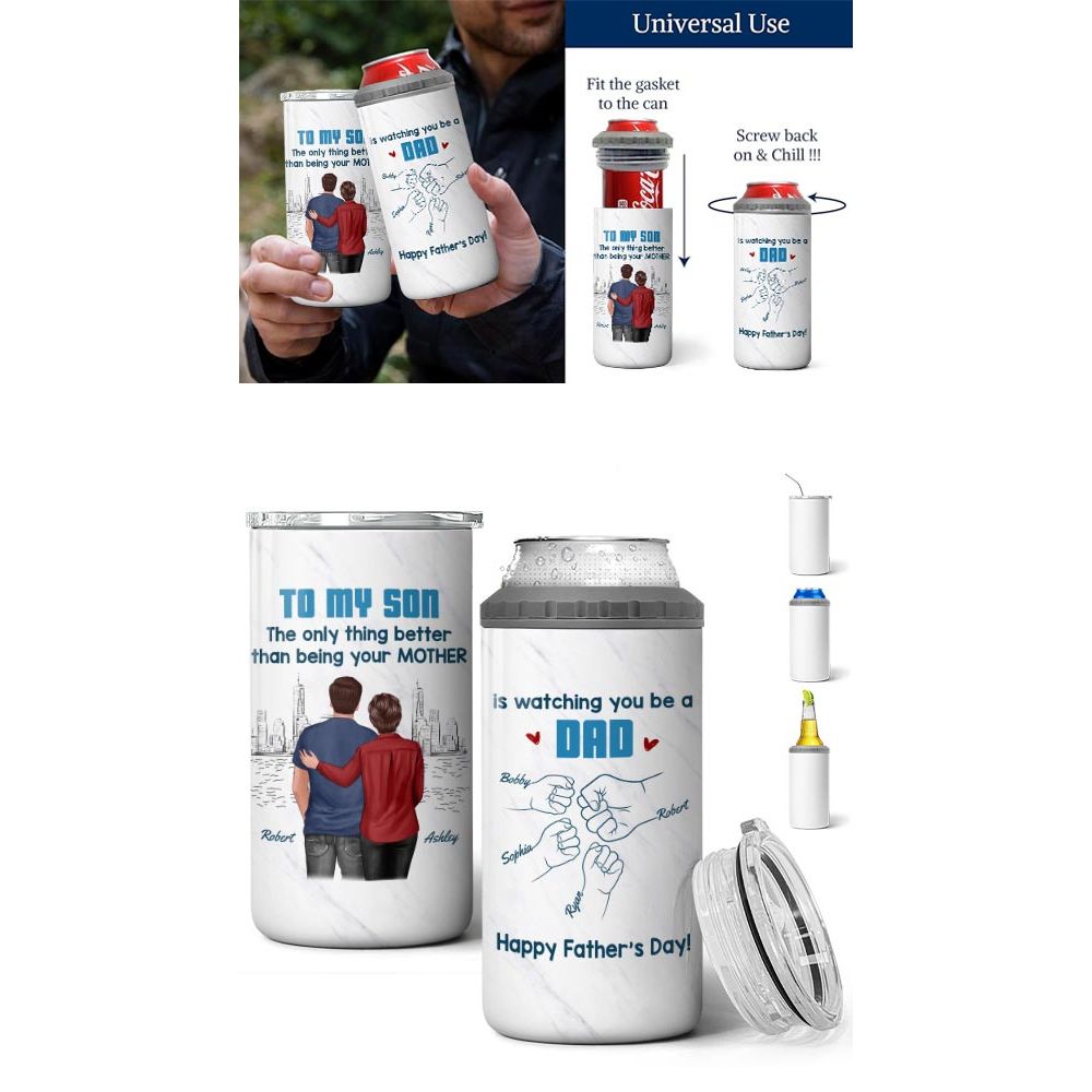 From Mom Dad To Son Watching You Be A Dad Blue Tone Personalized 4-in-1 Can Cooler, Gift For Son
