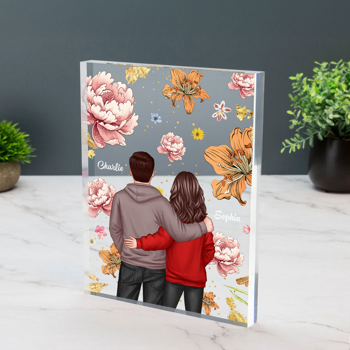 Couple Hugging Back View Birth Month Flower Personalized Acrylic Block Plaque, Heartfelt 2025  Gift, Anniversary Gift For Girlfriend, For Wife
