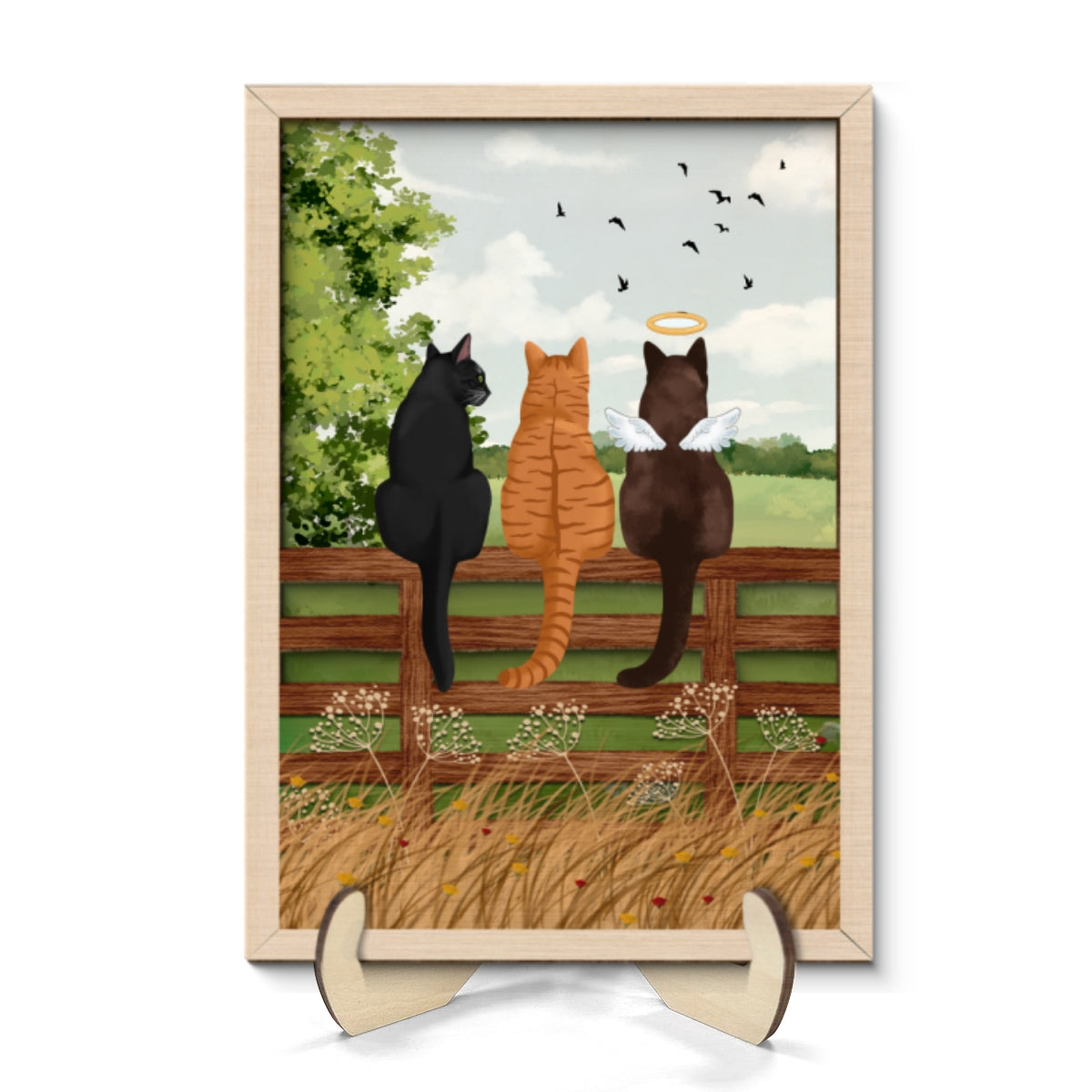 Cat Portrait Prints Cats Sitting on Fence in Countryside Personalized 2-Layer Wooden Plaque