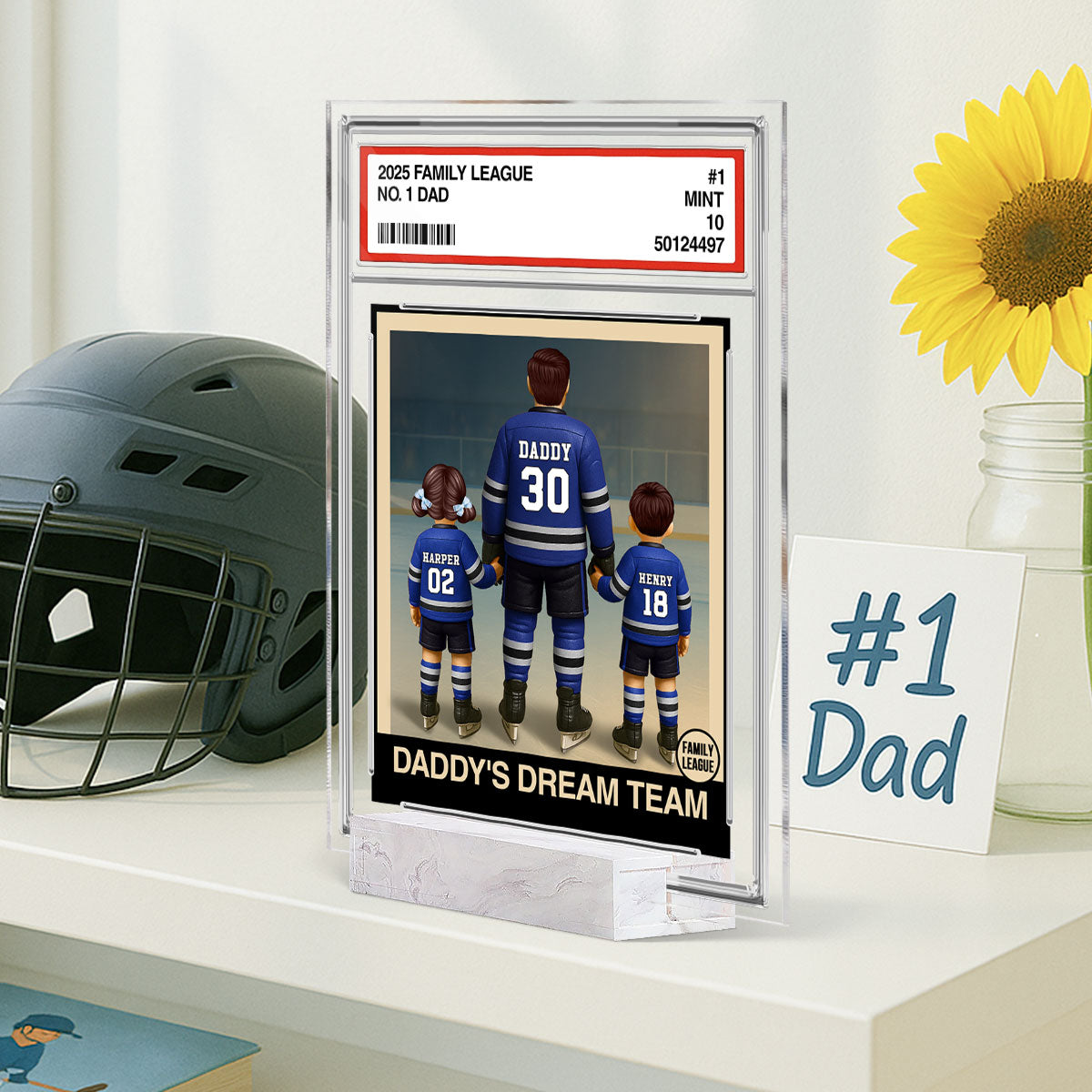 Hockey No. 1 Dad Man & Kids Trading Card Style Personalized Acrylic Plaque