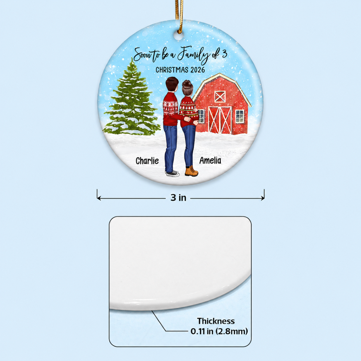 Family Pregnancy Christmas Ornament, Expecting Pregnancy announcement, Red Barn, Personalized Circle Ceramic Ornament