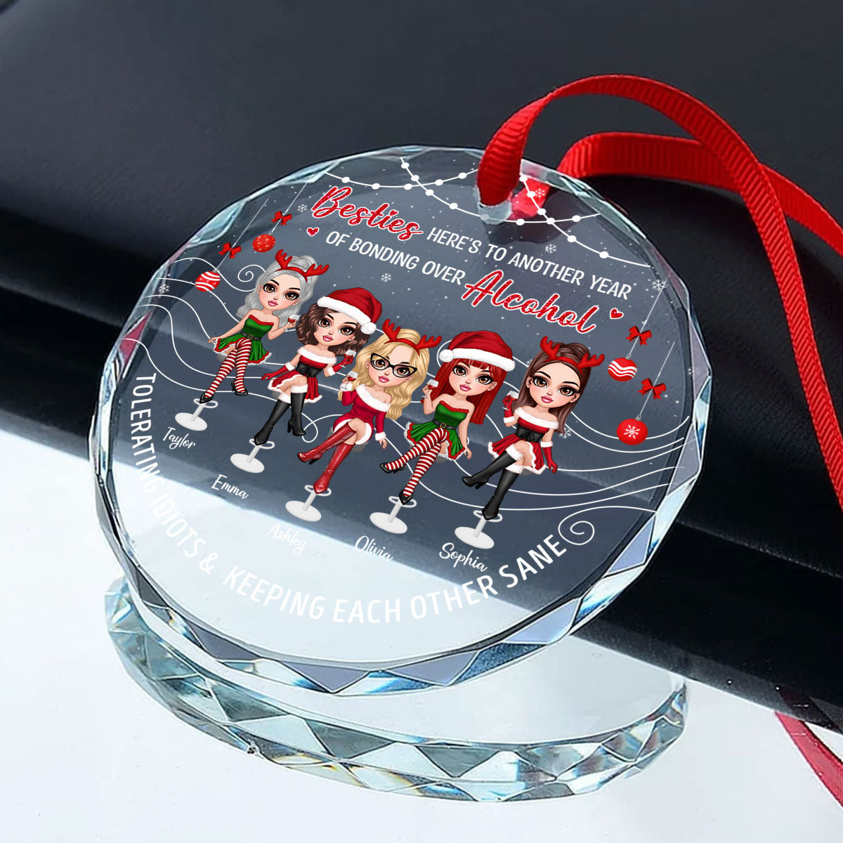 Besties Here's To Another Year Of Bonding Over Alcohol Personalized Glass Ornament, Funny Christmas Gift For Best Friends