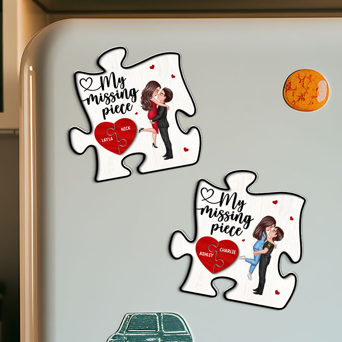 My Missing Piece Couple Hugging Kissing Puzzle Shaped Personalized Acrylic Fridge Magnet