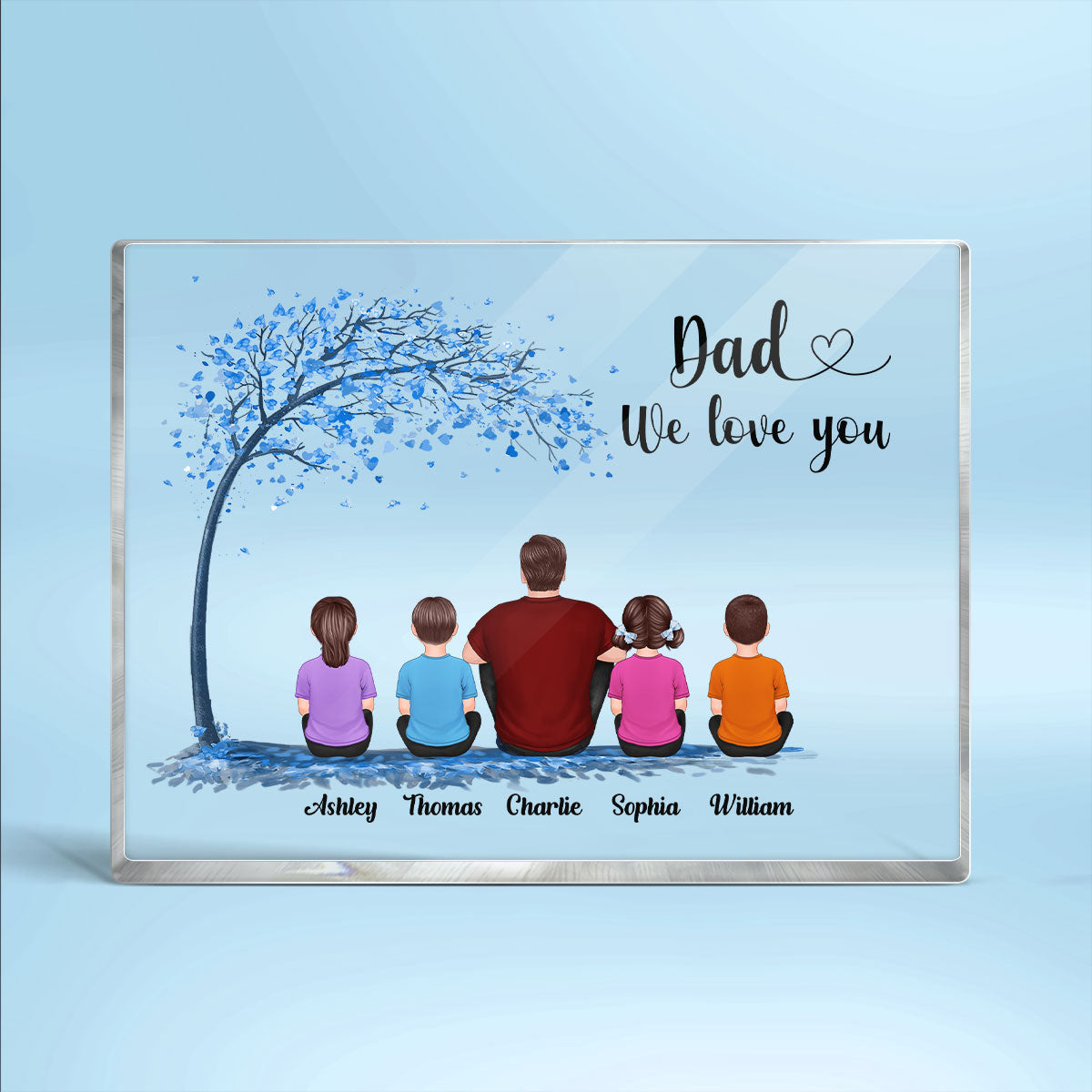 Blue Tree Best Dad Ever Back View Man Sitting With Kids Dogs Cats Personalized Horizontal Rectangle Acrylic Block