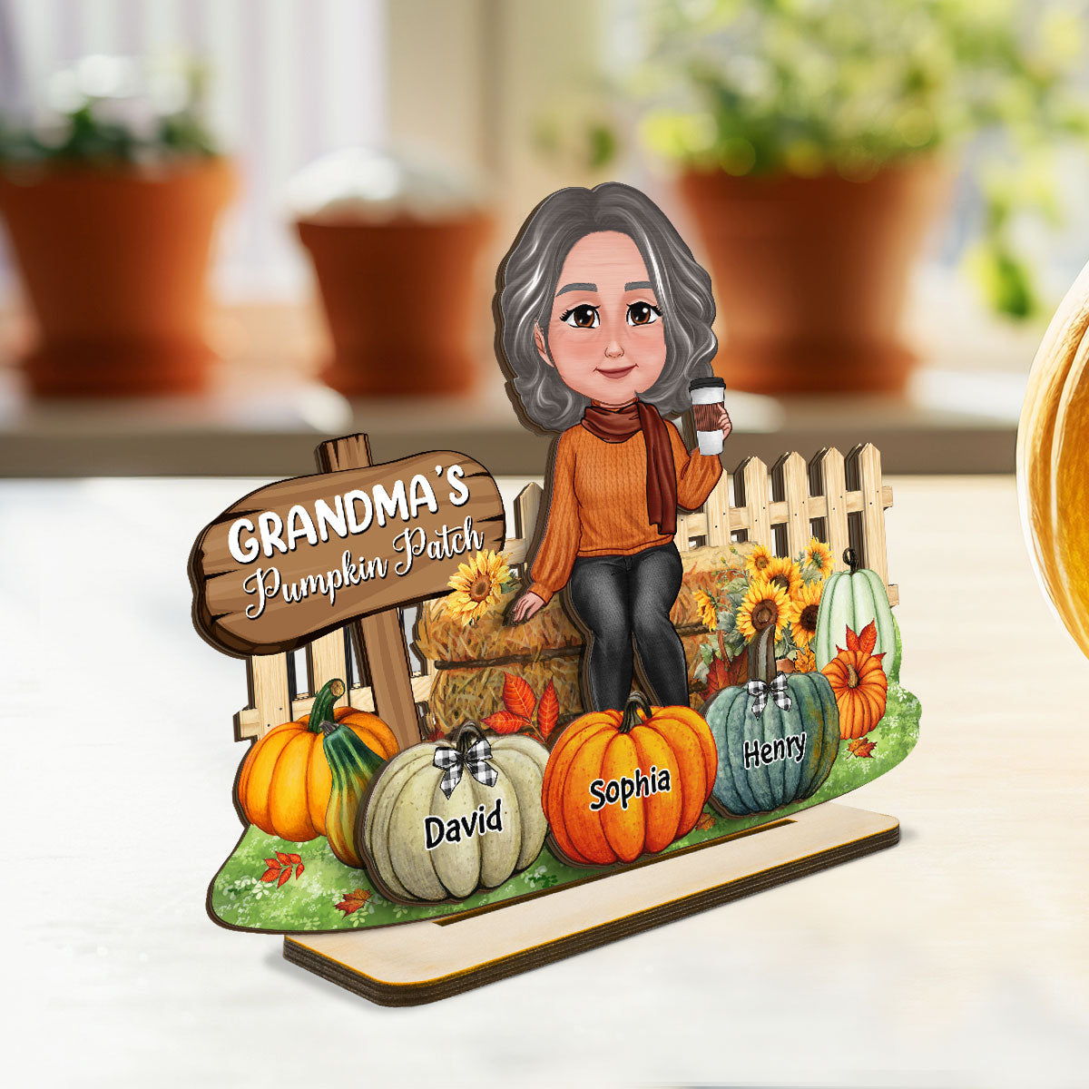 Grandma's Pumpkin Patch Fall Season Tier Tray Decor Personalized 2-Layer Standing Wooden Plaque