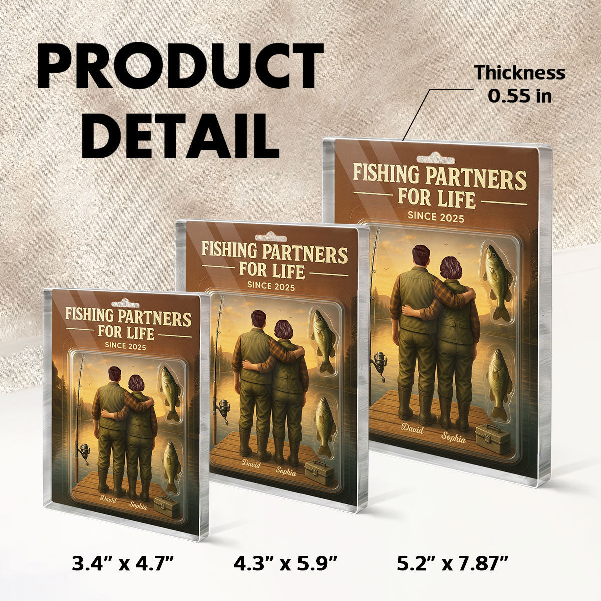 3D Effect Custom Figure Couple Together Fishing Partners For Life Personalized Rectangle Acrylic Block Plaque