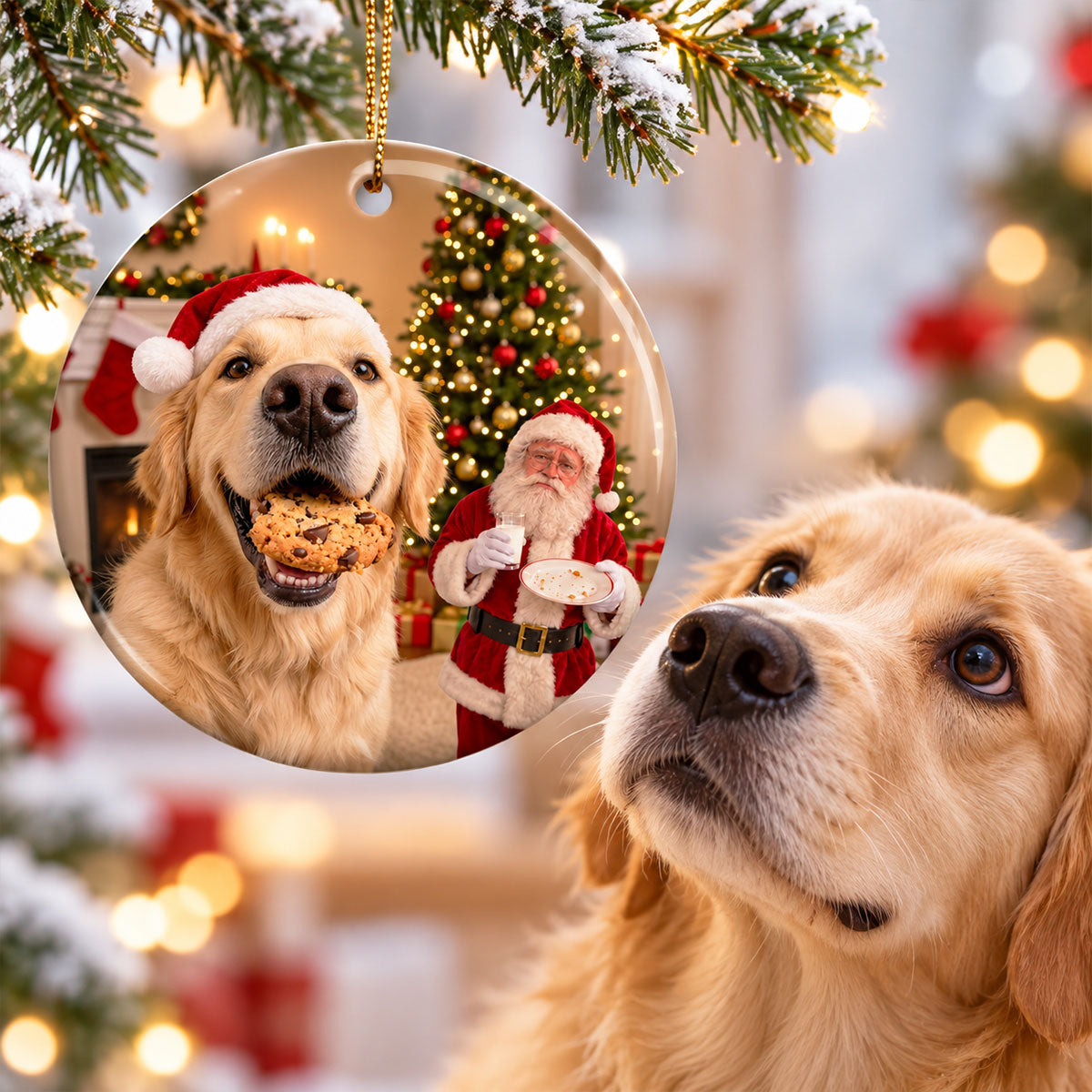 Dog Steal Cookie From Santa Upload Pet Photo - Personalized Ceramic Ornament - Funny Gift For Dog Lovers