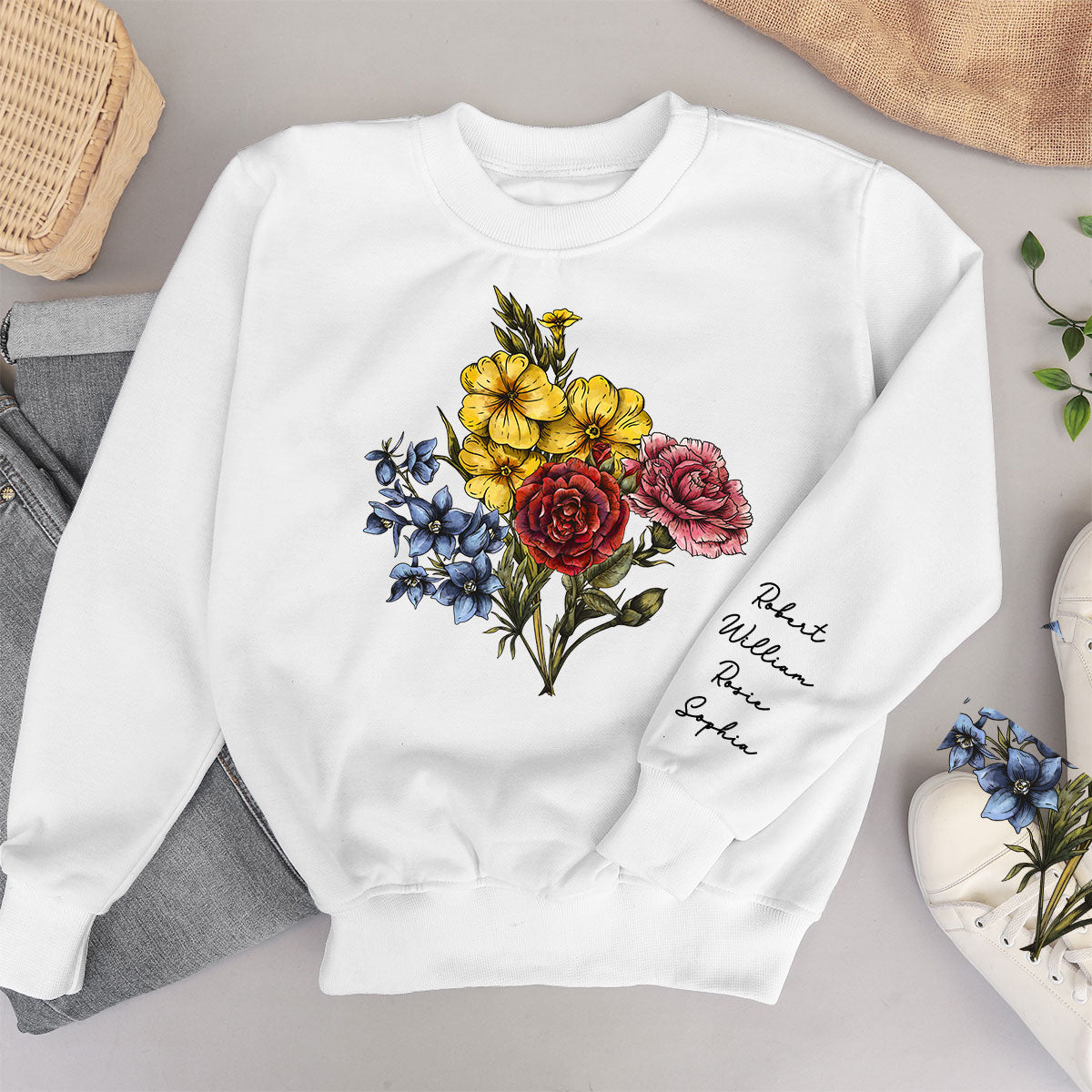 Custom Birth Month Flower Bouquet, Grandma Garden, Gift, Personalized Sleeve Printed Sweatshirt