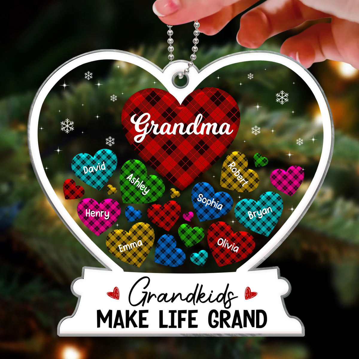 Grandma Hearts In Hearts Kids Names Christmas Buffalo Plaid Patterns Personalized Acrylic Ornament
