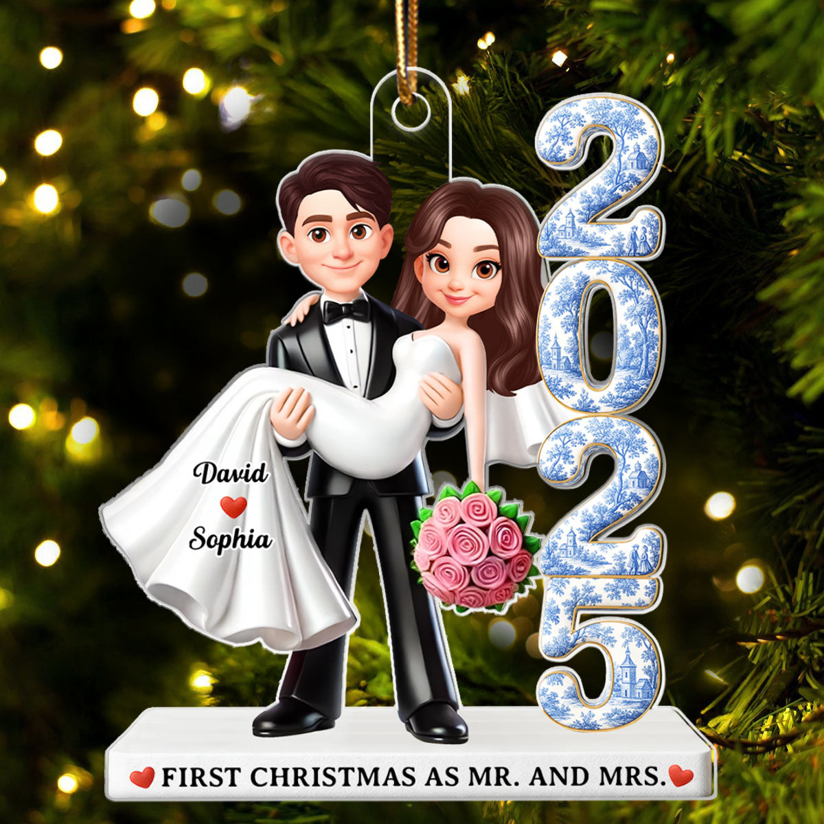 Couple First Christmas Married Toile de Jouy Style - Personalized Acrylic Ornament - Christmas Gift for Newlywed, Gift for him, Gift for her