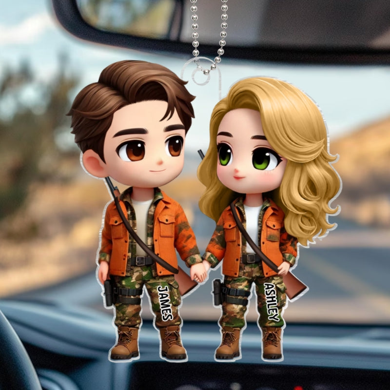 3D Effect Cute Cartoon Couple Hunting Personalized Acrylic Car Hanger, Anniversary &  Gift for him, Gift for her