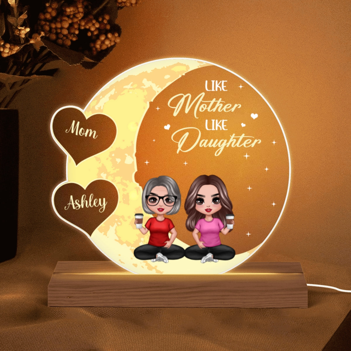 Moon Hearts Doll Mom Daughters Sons Sitting Personalized Custom Shape Acrylic Plaque LED Light Night
