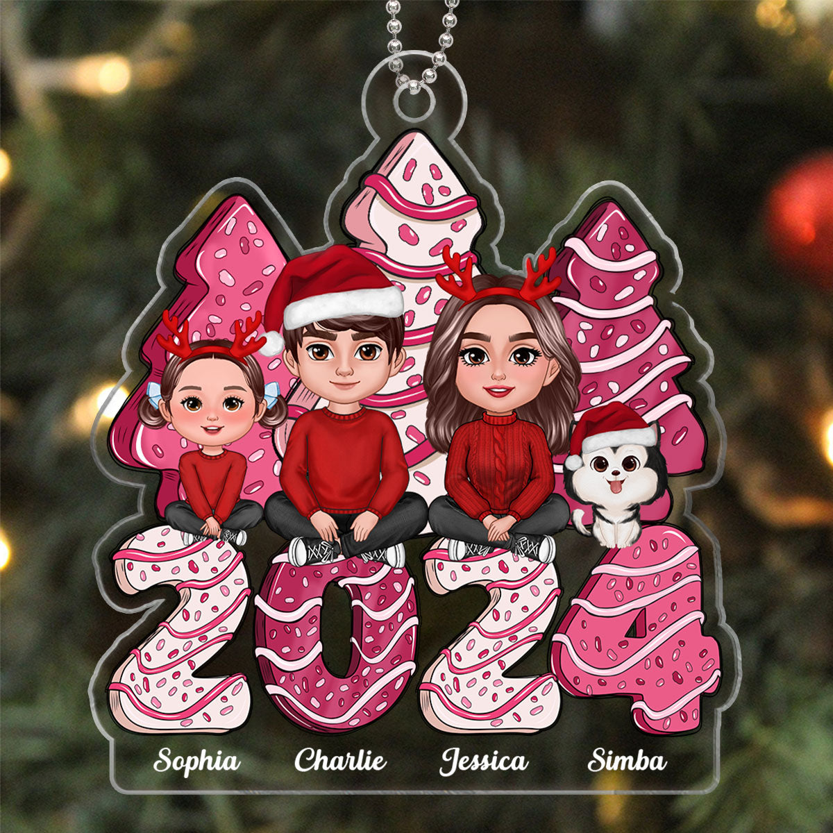 Family Crossed Legs Sitting Pink Christmas Tree Cake Patterned Personalized Acrylic Ornament