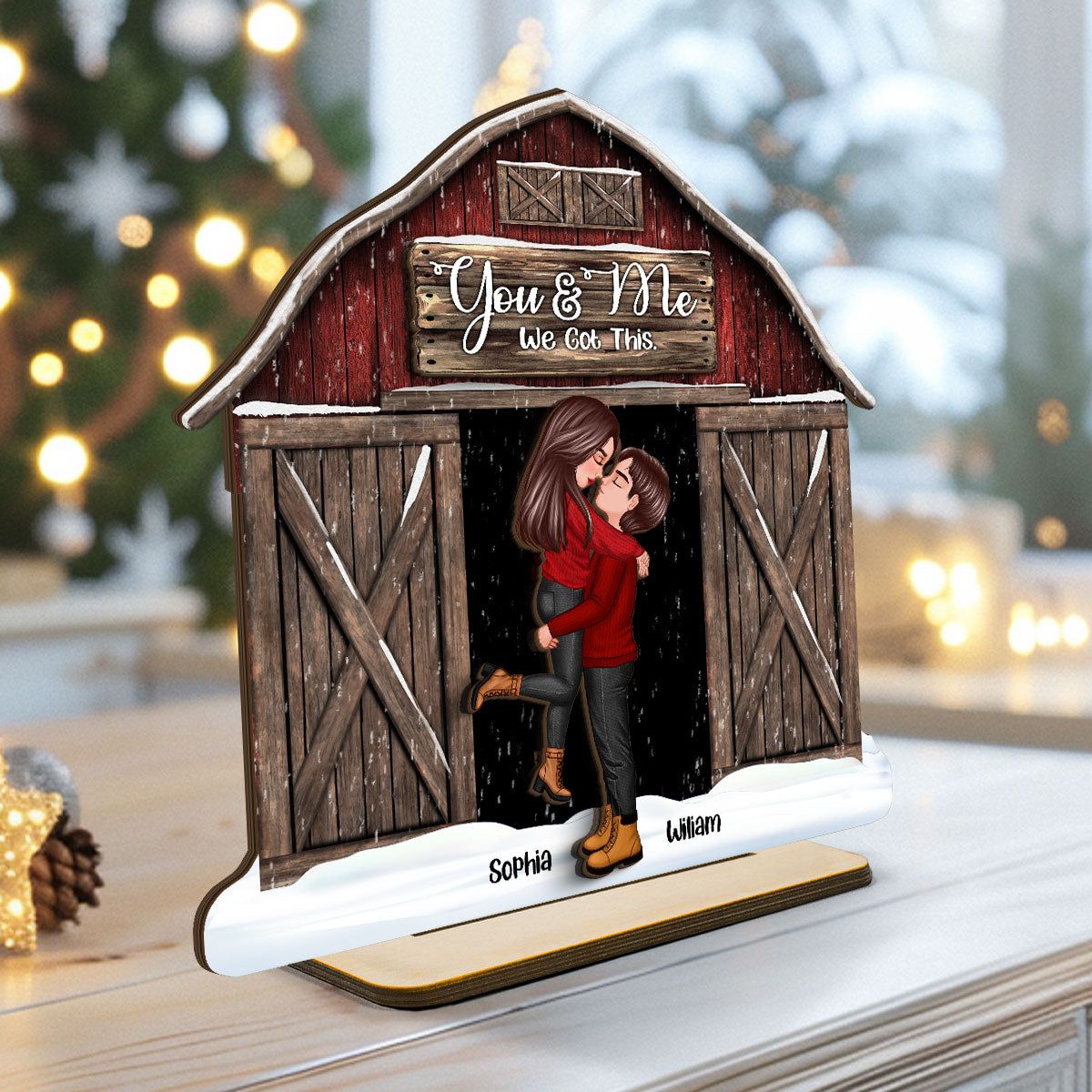 Red Barn Christmas Couple Kissing Personalized 2-Layer Standing Wooden Plaque, Christmas Tiered Tray Decor